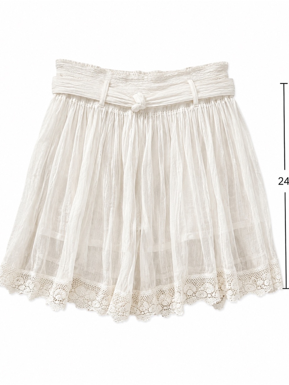 NWOT! Soft Cream Gauzy Lace-Trim Flowy  Skirt with Ruched and Tie Waist